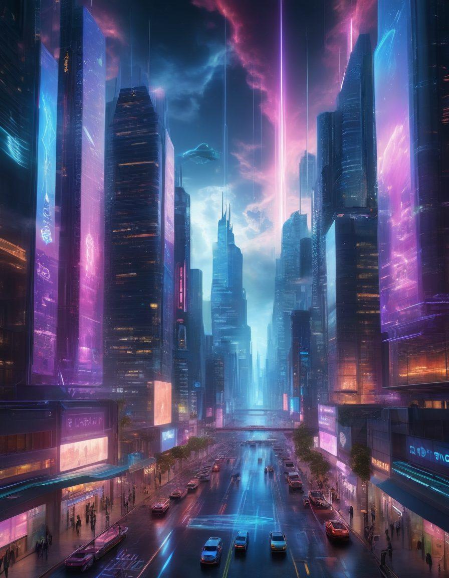 A futuristic cityscape showcasing seamless connectivity with glowing digital networks and vibrant holographic displays. Highlight Astrotel's logo as a beacon of technology amidst clouds of data streams linking buildings, people, and devices. Capture a sense of movement and innovation with smart devices in use everywhere. Super-realistic. vibrant colors. cyberpunk.