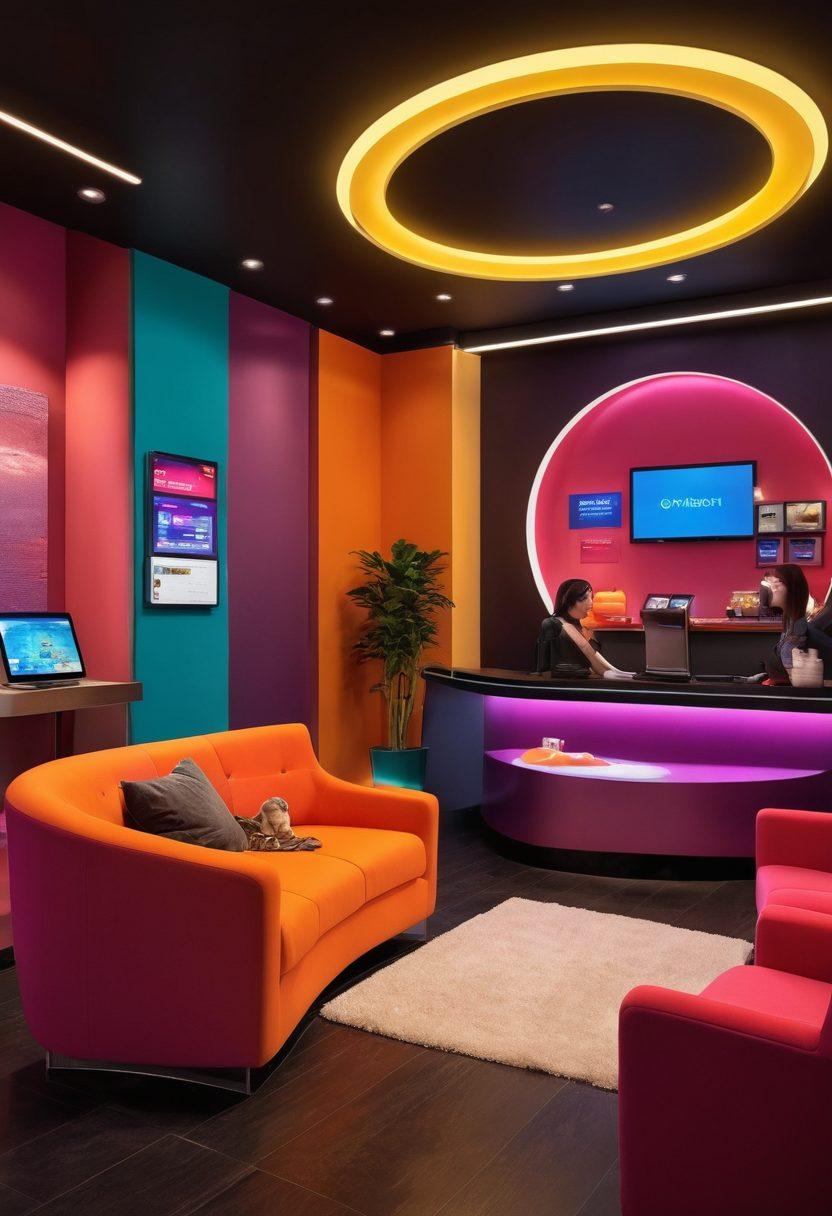 A vibrant scene showcasing a futuristic customer service environment with happy customers interacting with friendly staff through advanced technology at Astrotel. Incorporate elements that represent comfort like plush seating, colorful decor, and warm lighting. Include visual representations of satisfaction, like smiling faces and positive feedback displayed on screens. Emphasize a blend of innovation and warmth to highlight the customer experience. super-realistic. vibrant colors. modern style.