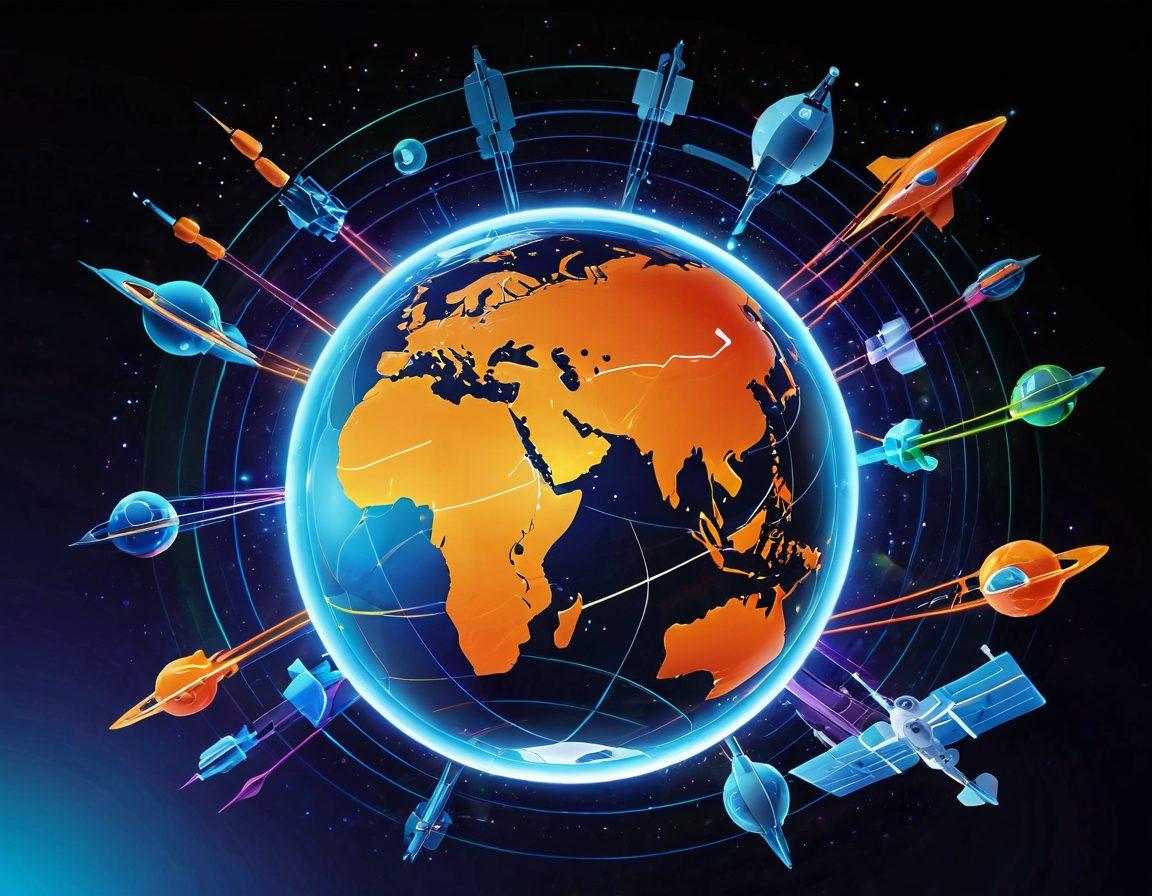 A dynamic scene showcasing futuristic telecom technology with a glowing Astrotel logo. Include sleek satellites orbiting a vibrant Earth, intermixed with data streams and digital connections symbolizing communication across the globe. Depict diverse people using various devices in harmony with this technology. The background should radiate with energetic colors, blending blue, green, and orange hues. vibrant colors. 3D. futuristic.